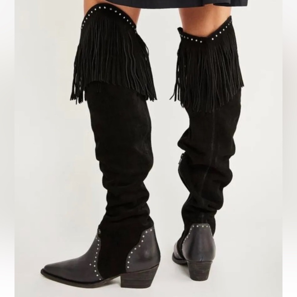 Free People Sage Fringe Over-The-Knee Boots Black Suede & Leather